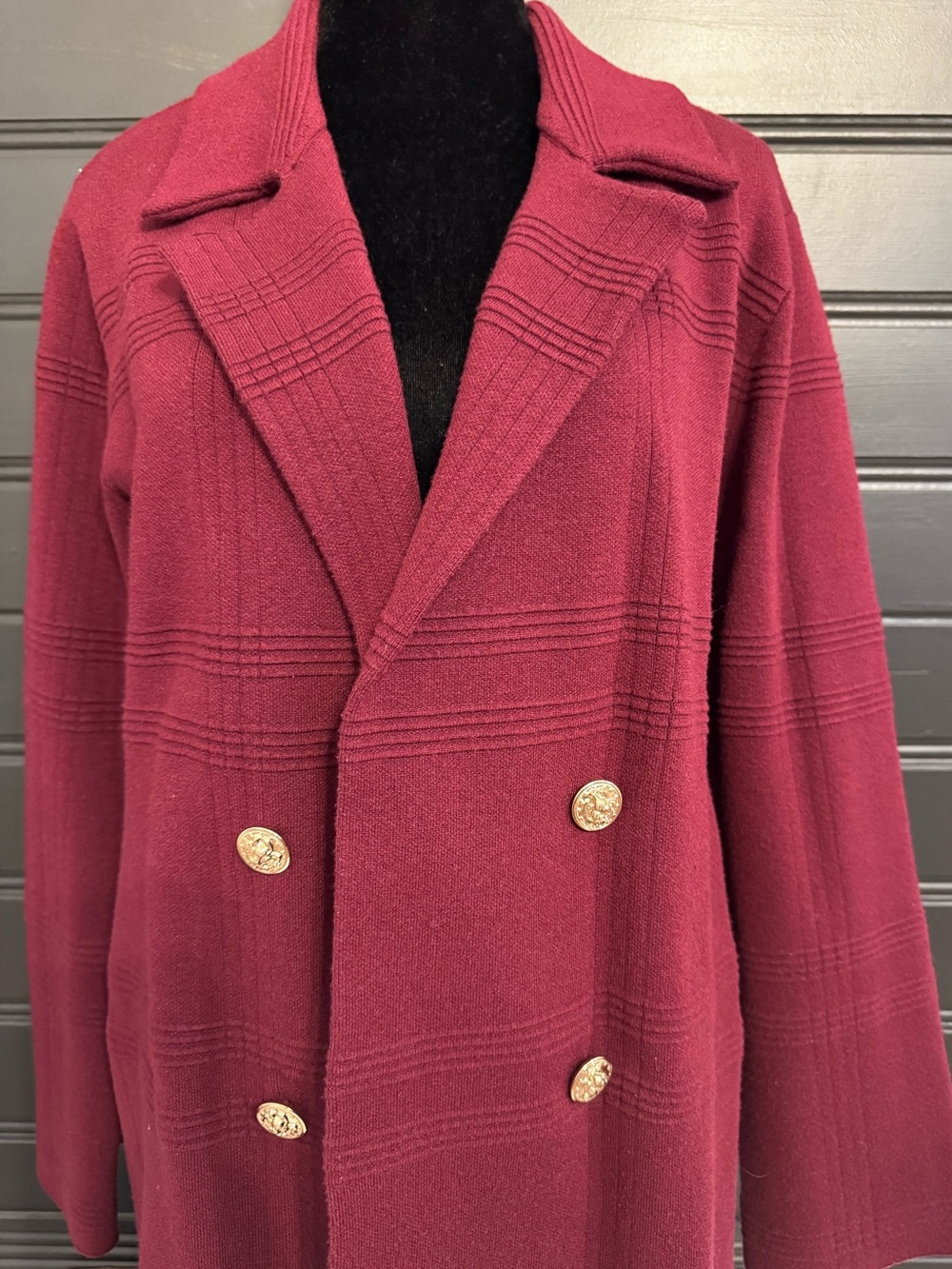 Anne Klein Double-Breasted Wool-Blend Cardigan/Blazer in Burgundy